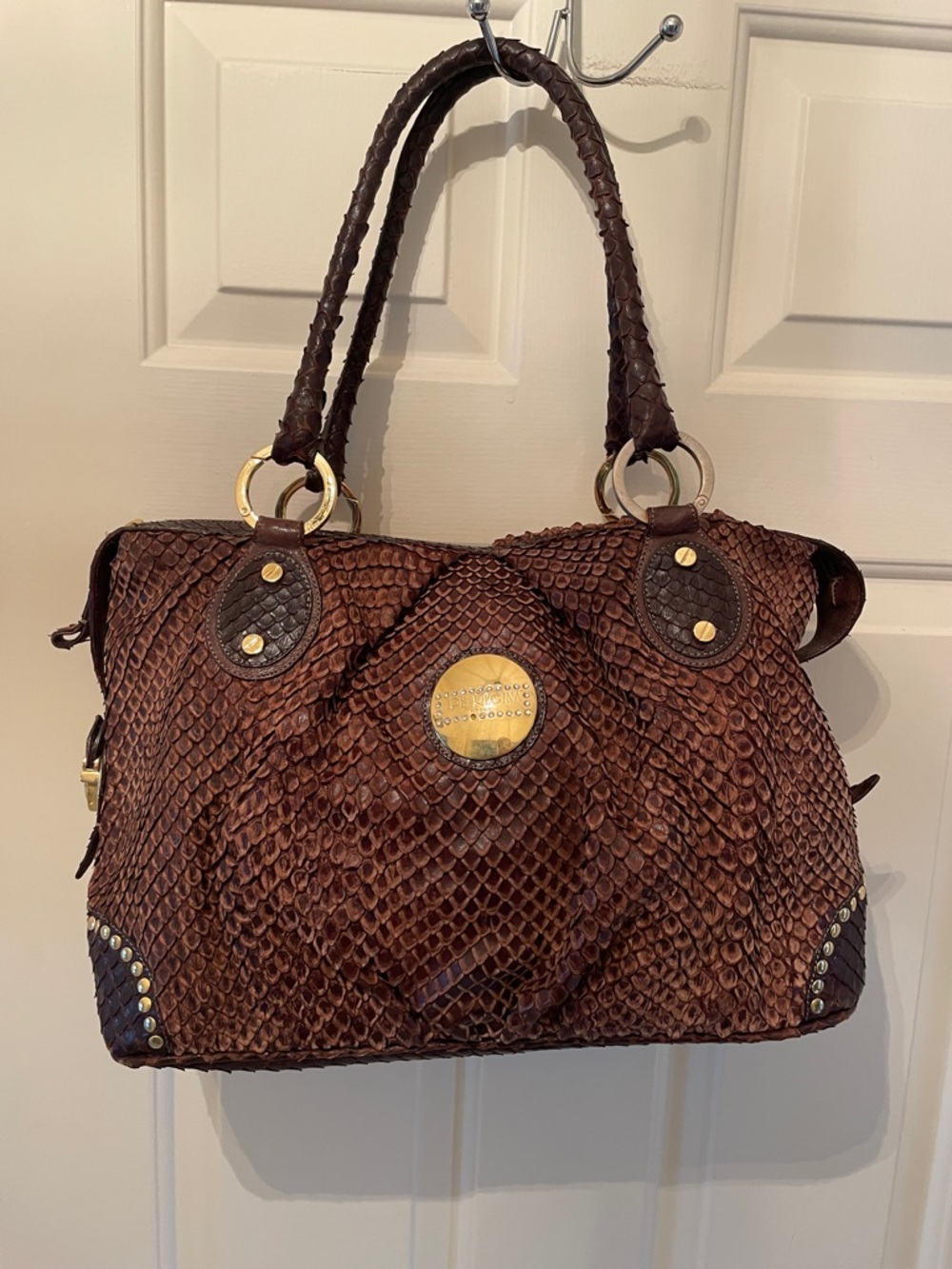 Brown Python-Texture Satchel with Gold Accent Hardware